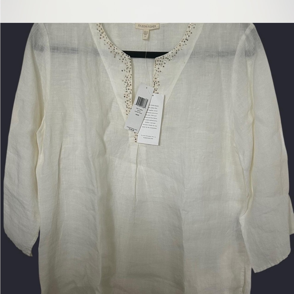 Eileen Fisher Cream 3/4 Sleeve Embellished linen Blouse. NWT.